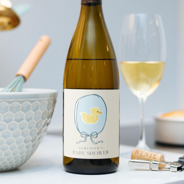 Elegant Rubber Ducky Ribbon Babydusche Weinetikett (Elegant meets cute yellow and blue rubber ducky baby shower wine bottle label stickers.)