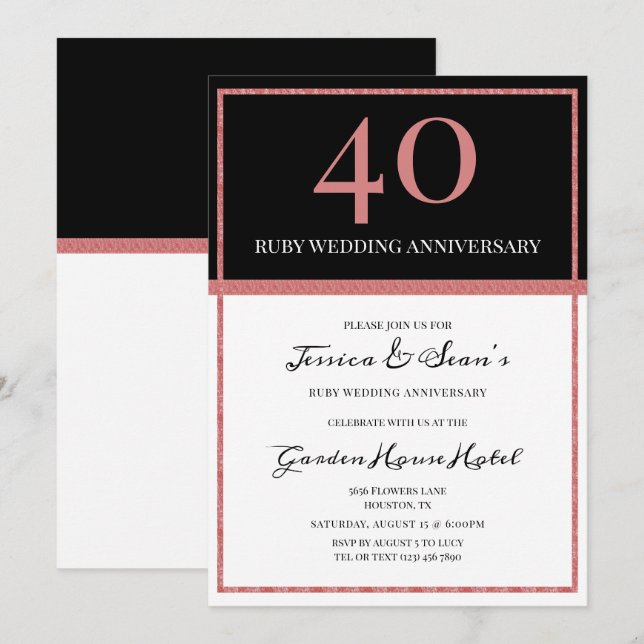 Elegant Ruby & Black 40. Hochzeitstag Einladung (Vorne/Hinten)