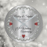 Elegant Ruby | Diamonds 15th Wedding Anniversary Runde Wanduhr<br><div class="desc">Opulent elegance frames this 15th wedding anniversary design in a unique scalloped diamond design with center teardrop diamond with heart-shaped ruby accents and faux added sparkles on a silver-tone gradient. Please note that all embellishments are printed and are only made to appear as real as possible in a flat, printed...</div>