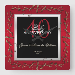 Elegant Ruby Gemstones 40. Hochzeitstag Quadratische Wanduhr