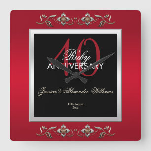 Elegant Ruby Gemstones 40. Hochzeitstag Quadratische Wanduhr