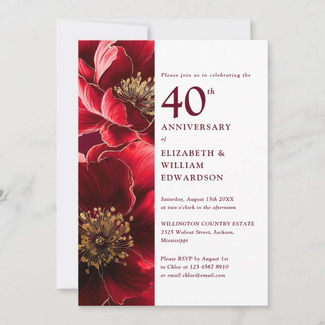 Elegant Ruby Red and Gold Floral 40 Jahre Jubiläum Einladung (Vorderseite)