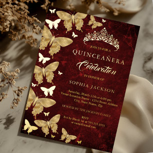 Elegant Ruby Red Gold Butterfly Quinceanera Folieneinladung