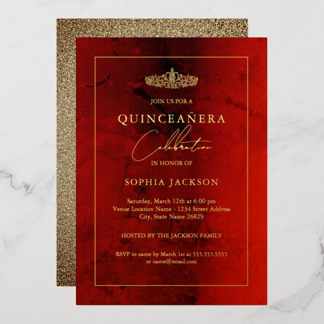 Elegant Ruby Red Gold Quinceanera 15. Folieneinladung (Vorderseite/Rückseite)