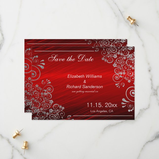 Elegant Ruby Red Gray Save the Date Wedding (Vorderseite/Rückseite Beispiel)