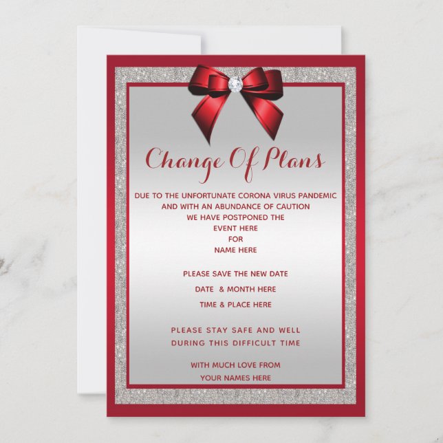 Elegant Ruby Red & Silver Glitzer Planänderung Save The Date (Vorderseite)
