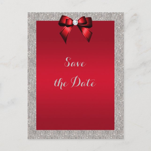 Elegant Ruby Red, Silver Glitzer Save the Date Postkarte (Vorderseite)