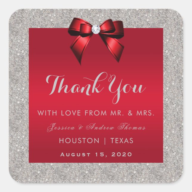 Elegant Ruby Red, Silver Glitzer Wedding Quadratischer Aufkleber (Vorderseite)