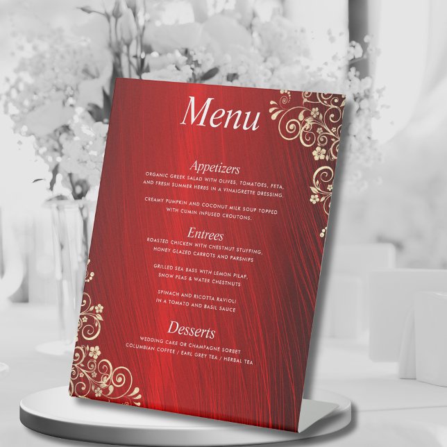 Elegant Ruby Red Three Courses Wedding Dinner Menu Sockelschild (Von Creator hochgeladen)