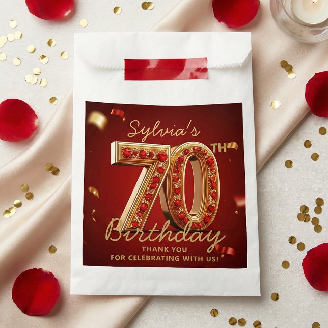 Elegant Ruby-Rot-Gold-Juwel-Glitter 70. Geburtstag Geschenktütchen (Von Creator hochgeladen)