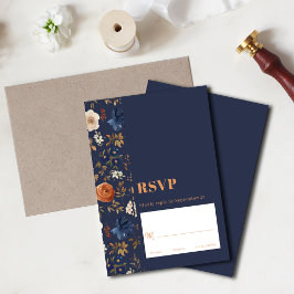 Elegant Rust Blue Dark Boho Floral Wedding RSVP Karte