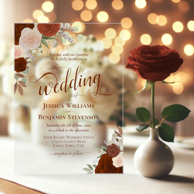 Elegant Rust Burnt Orange Boho Rose Extravagant Ho Acryleinladungen (Clear Acrylic with Rectangle Cut)