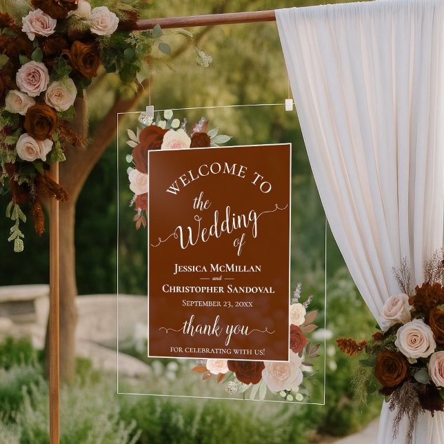 Elegant Rust Orange Boho Roses Wedding Welcome Acrylschild (Von Creator hochgeladen)