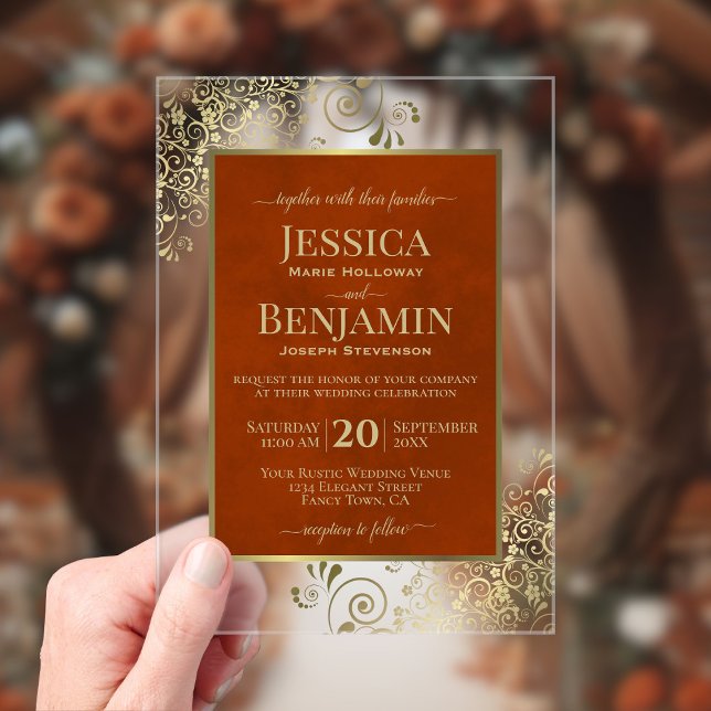 Elegant Rust Orange & Gold Stylish Text Wedding Acryleinladungen (Von Creator hochgeladen)