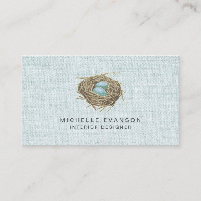 Elegant Rustic Bird Nest Pastel Blue Linen Visitenkarte (Vorderseite)