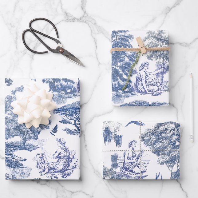 Elegant Rustic Blue Country Toile Geschenkpapier Set (Vorderseite)