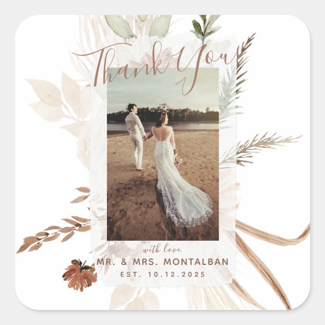 Elegant Rustic Boho Pampas Quadratischer Aufkleber (Vorderseite)