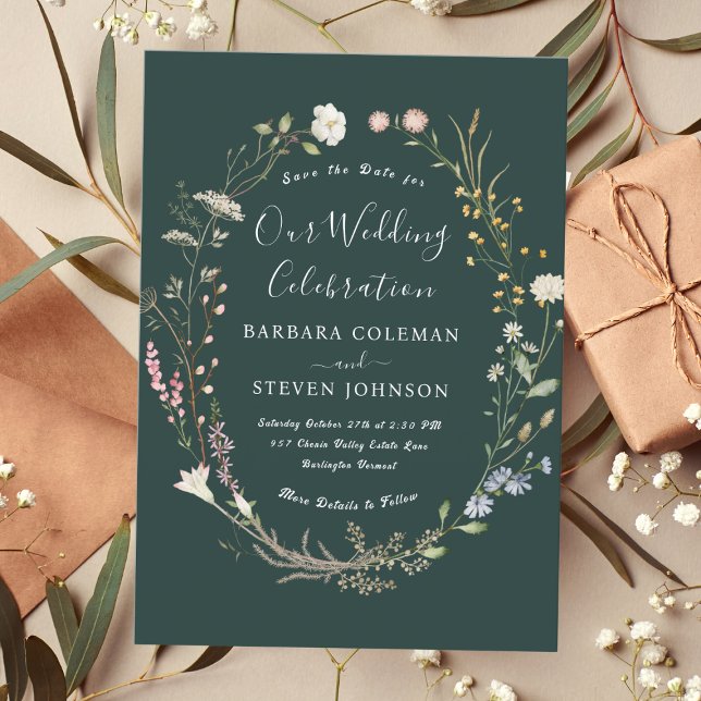 Elegant Rustic Boho Wildblume Dark Green Wedding Einladung (Von Creator hochgeladen)