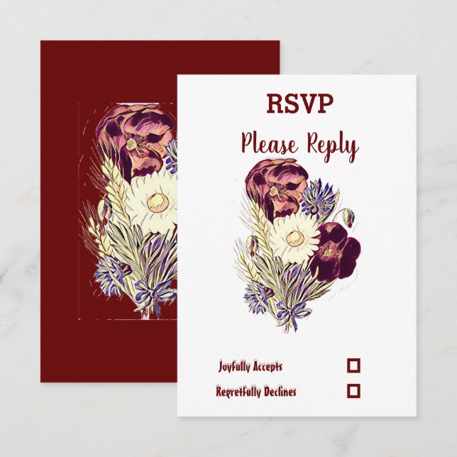 Elegant Rustic Burgundy Floral Maroon Wedding RSVP Karte (Vorne/Hinten)
