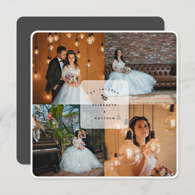 Elegant Rustic Dark Gray 4 Foto Collage Wedding Dankeskarte (Vorne/Hinten)