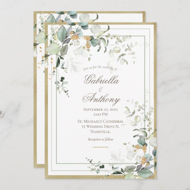 Elegant Rustic Eukalyptus Greenerity Gold Wedding Einladung (Vorne/Hinten)
