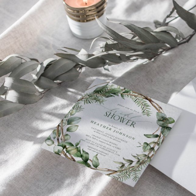 Elegant Rustic Eukalyptus Watercolor Grüne Einladung (Join us in a wonderland of botanical bliss to shower the bride-to-be.)
