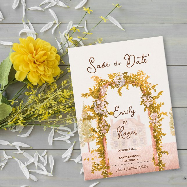 Elegant Rustic Garden Arch Wedding Save the Date Ankündigung (Elegant Watercolor Garden Arch Save the Date Rustic Countryside Wedding Save the Date Card)
