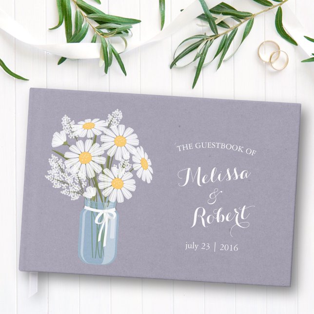 Elegant Rustic Mason Jar Daisies Wedding Lavender Gästebuch (Von Creator hochgeladen)