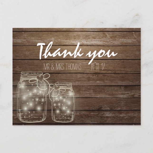 Elegant Rustic Mason Jar Lights Danke Postcard Postkarte (Vorderseite)