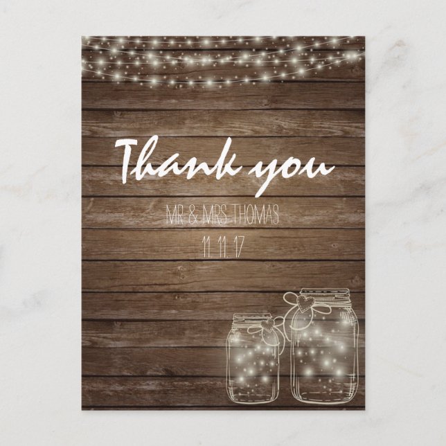 Elegant Rustic Mason Jar Lights Danke Postcard Postkarte (Vorderseite)