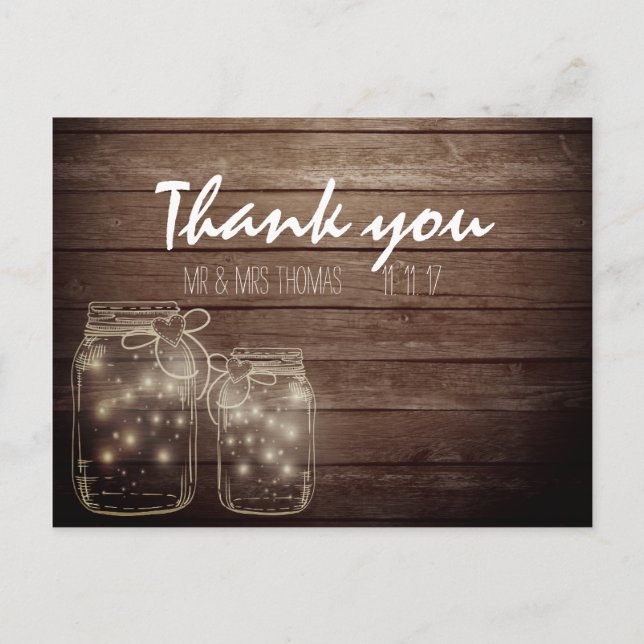 Elegant Rustic Mason Jar Lights Danke Postcard Postkarte (Vorderseite)
