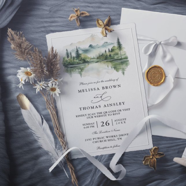 Elegant Rustic Mountain Budget QR Code Wedding Einladung (Von Creator hochgeladen)