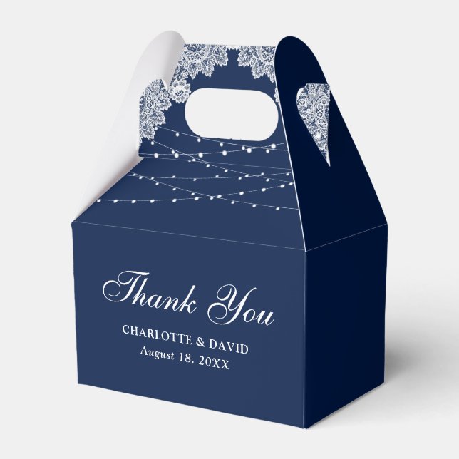 Elegant Rustic Navy Blue Lace Lights Wedding Geschenkschachtel (Vorderseite)