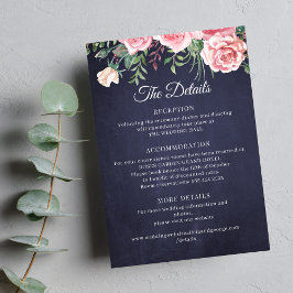 Elegant rustic pink floral navy wedding details begleitkarte