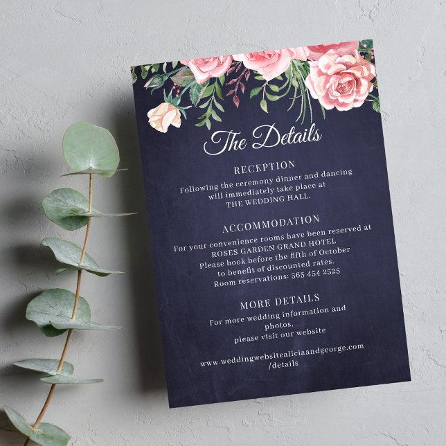Elegant rustic pink floral navy wedding details begleitkarte (Von Creator hochgeladen)
