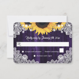 Elegant Rustic Purple Wood Lace Sunflower Wedding RSVP Karte