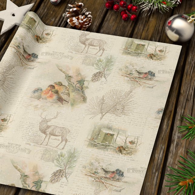 Elegant Rustic Vintage Weihnachtswald Collage Geschenkpapier (Von Creator hochgeladen)