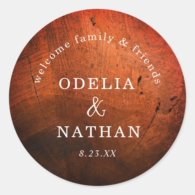 Elegant Rustic Wood Grain Texture Arched Wedding Runder Aufkleber (Vorderseite)