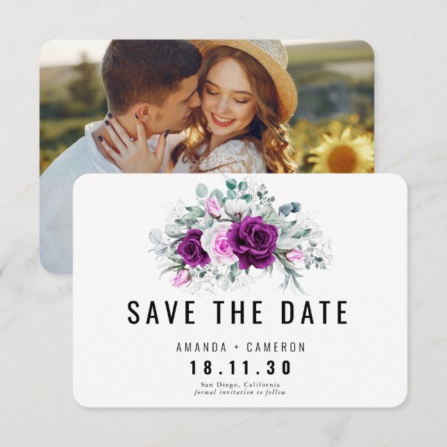 Elegant Rustikal Lila Blush Floral Save the Date Einladung (Vorne/Hinten)