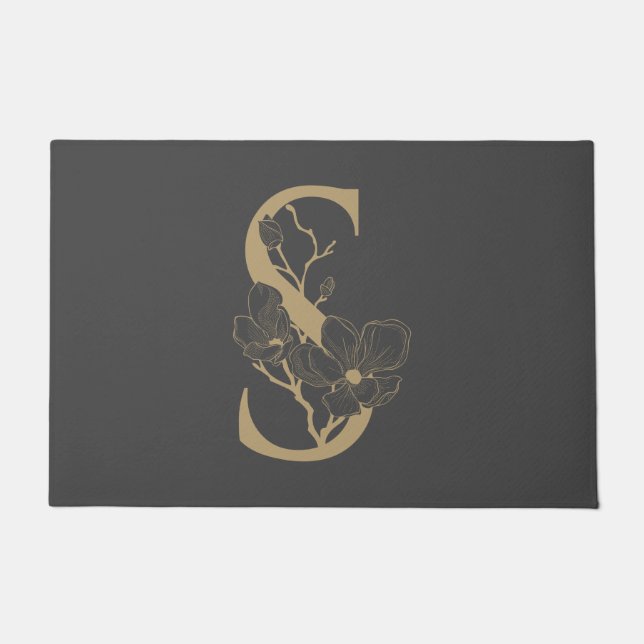 Elegant S Boho Floral Monogram Initial Gray Gold Fußmatte (Vorderseite)