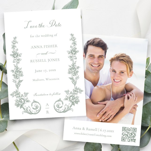 Elegant Sage Baroque Roses Wedding Save The Date (Von Creator hochgeladen)