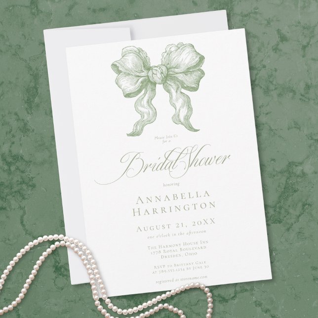 Elegant Sage Bow Toile French Bridal Shower Einladung (Elegant Sage Bow Toile French Bridal Shower Invitation)