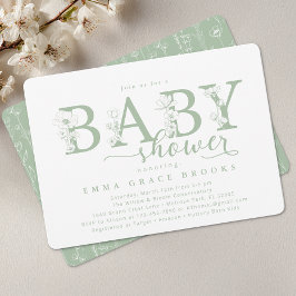 Elegant Sage Floral Baby Shower Typography Einladung