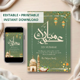 Elegant Sage Floral Mosque and Quran Eid Mubarak Feiertagskarte
