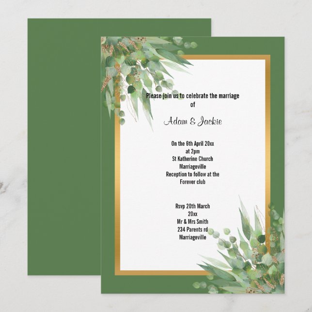ELEGANT SAGE GOLD EUCALYPTUS WEDING INVITATION EINLADUNG (Vorne/Hinten)