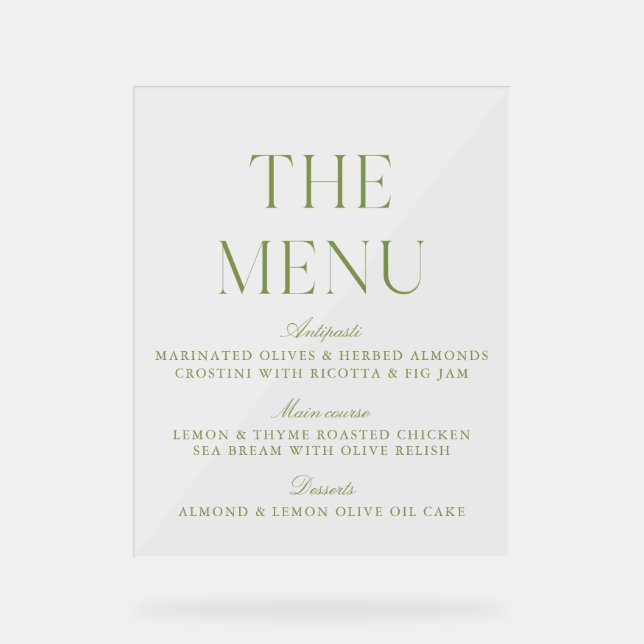 Elegant Sage Green Acrylic Wedding Menu Sign Acrylschild (Vorderseite)