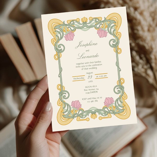 Elegant Sage Green and Gold Art Nouveau Invite Einladung (Von Creator hochgeladen)