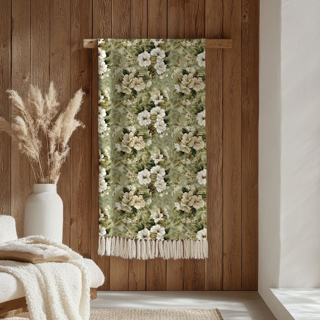 Elegant sage green and white flowers blanket fleecedecke (Elegant sage green and white flowers blanket)