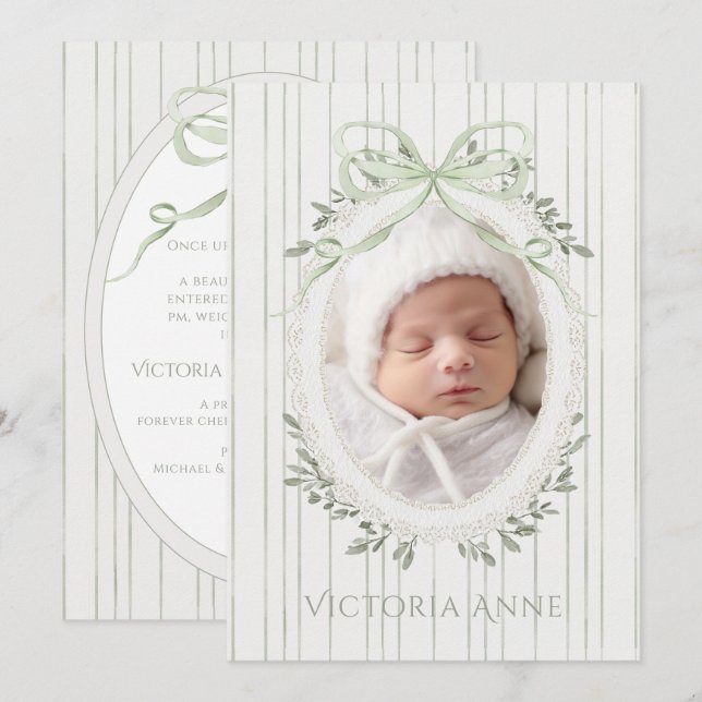 Elegant Sage Green Baby Girl Birth Announcement Einladung (Vorne/Hinten)