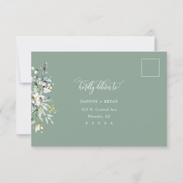 Elegant Sage Green Blätter Response Address Backer RSVP Karte (Rückseite)